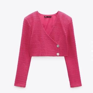 NWOT ZARA TEXTURED TWEED RHINESTONE CROP TOP BLAZER